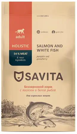 Купить savita сухой беззерновой корм для взрослых кошек с лососем и белой рыбой